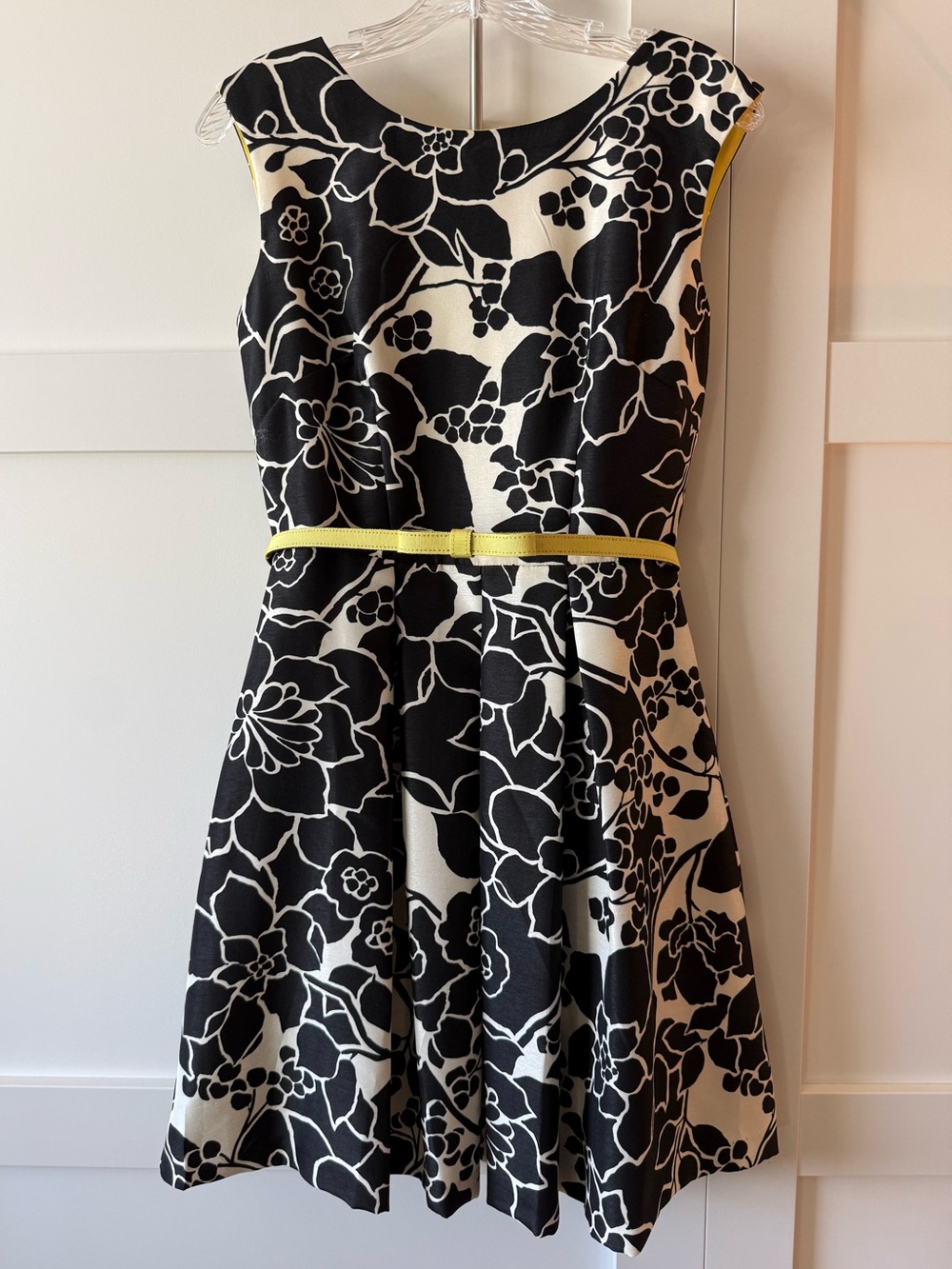The Limited Black & White Floral Fit-and-Flare Dress with Yellow Belt, Size 6